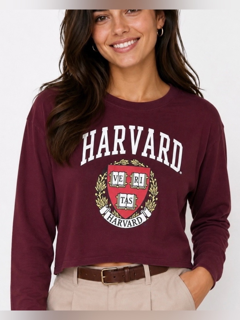 HARVARD UNIVERSITY WOMEN CROP LOGO TEE S/M DARK ACADEMIA COTTON LONG SLEEVE MINT